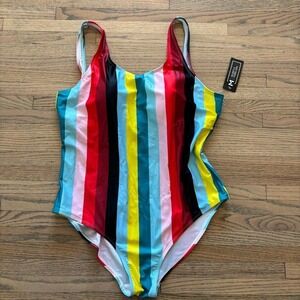 Marina Threads Womens Multicolor Vertical Stripe One Piece Swimsuit Rainbow NWT